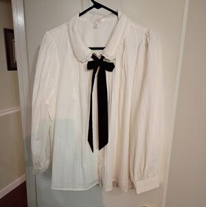 Lauren Conrad White Button Up Blouse with Black Bow Size XL